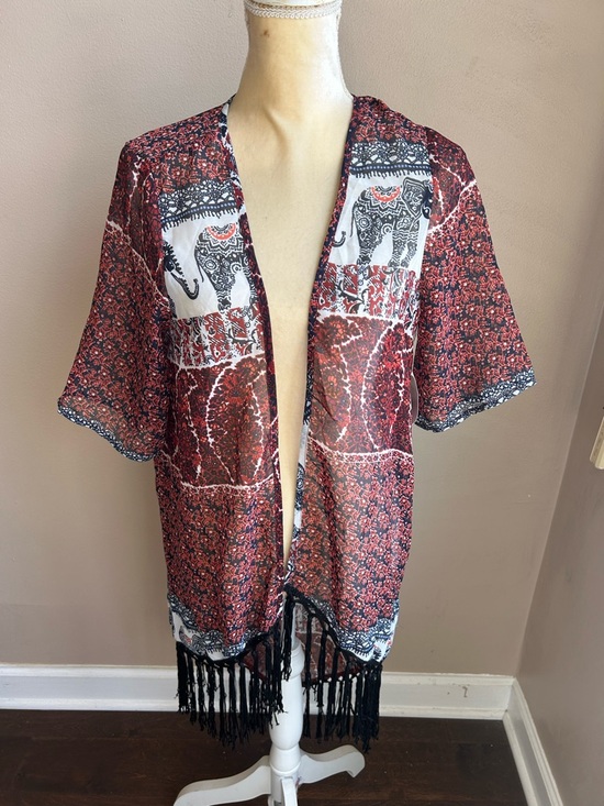Tops - New Womens Cardigan Sz M Fringed Sheer Shirt Sleeve Boho Floral Elephants 4122